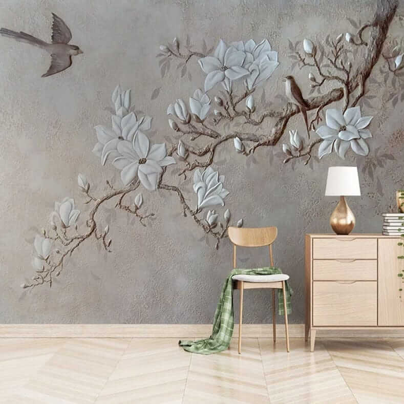 MinimalisticDecor.com-Tree Branch with White Flowers Wallpaper - Nature Prints