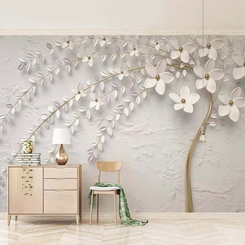 MinimalisticDecor.com-Tree with White Flowers Scenery Wallpaper for Home Wall Decor