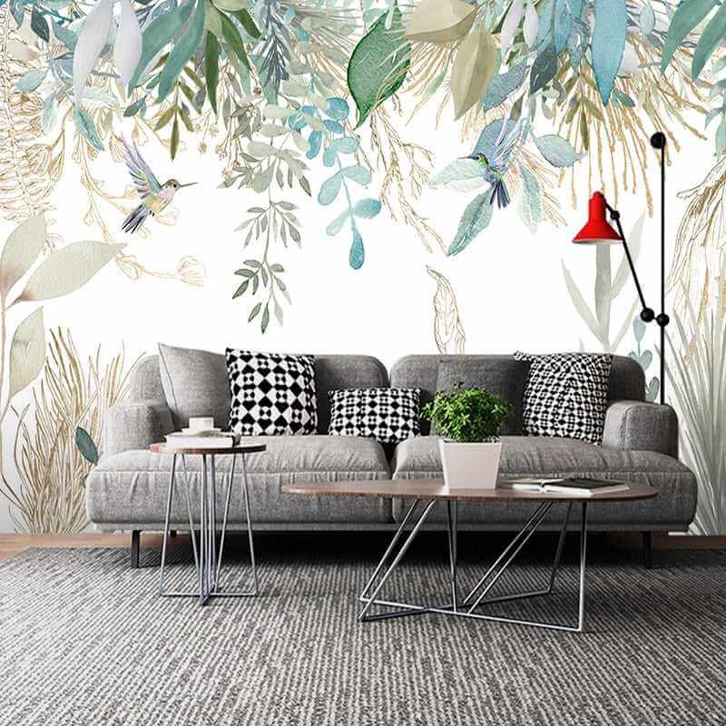 MinimalisticDecor.com-Tropical Plant Leaves Flowers And Birds Wallpaper Mural