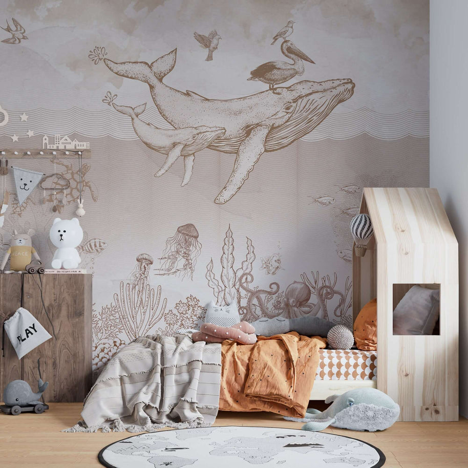 MinimalisticDecor.com-Whales in Sea Sketchy - Kids Room Wallpaper Mural