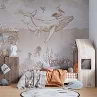 MinimalisticDecor.com-Whales in Sea Sketchy - Kids Room Wallpaper Mural