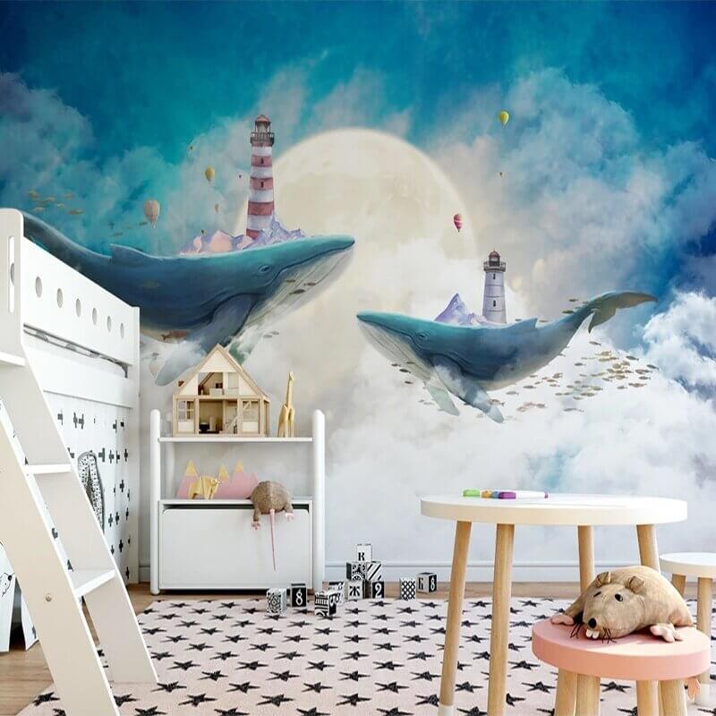 MinimalisticDecor.com-Whales Lighthouse Sky Blue White Clouds Wallpaper for Home Wall Decor