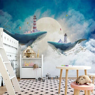 MinimalisticDecor.com-Whales Lighthouse Sky Blue White Clouds Wallpaper for Home Wall Decor