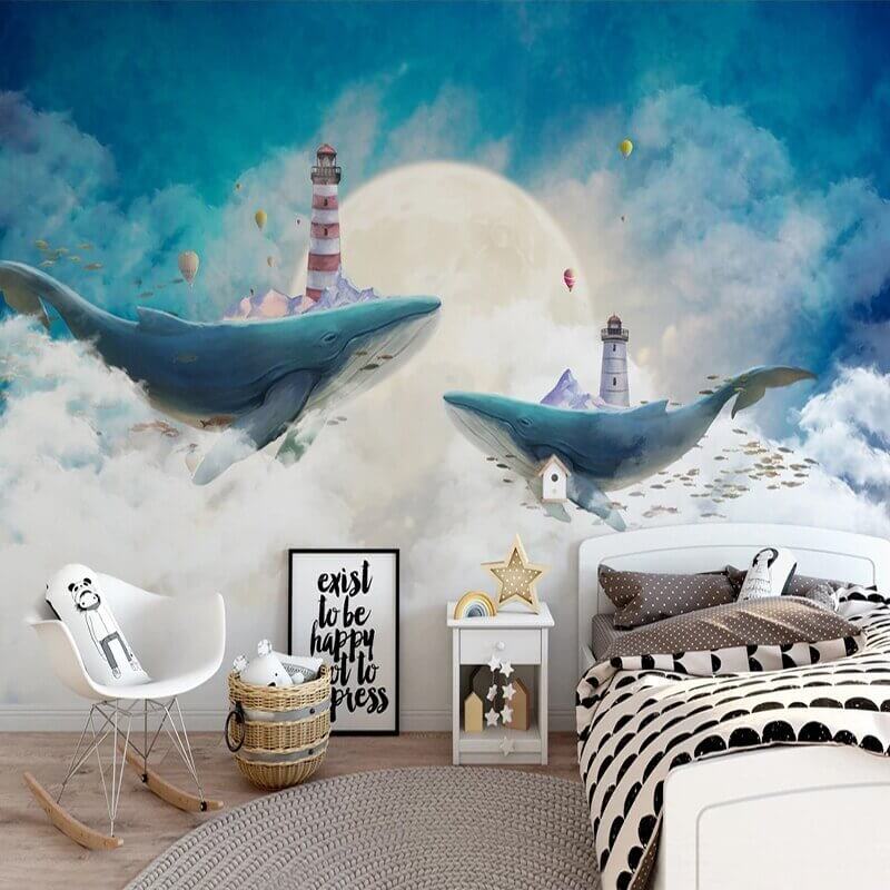 MinimalisticDecor.com-Whales Lighthouse Sky Blue White Clouds Wallpaper for Home Wall Decor