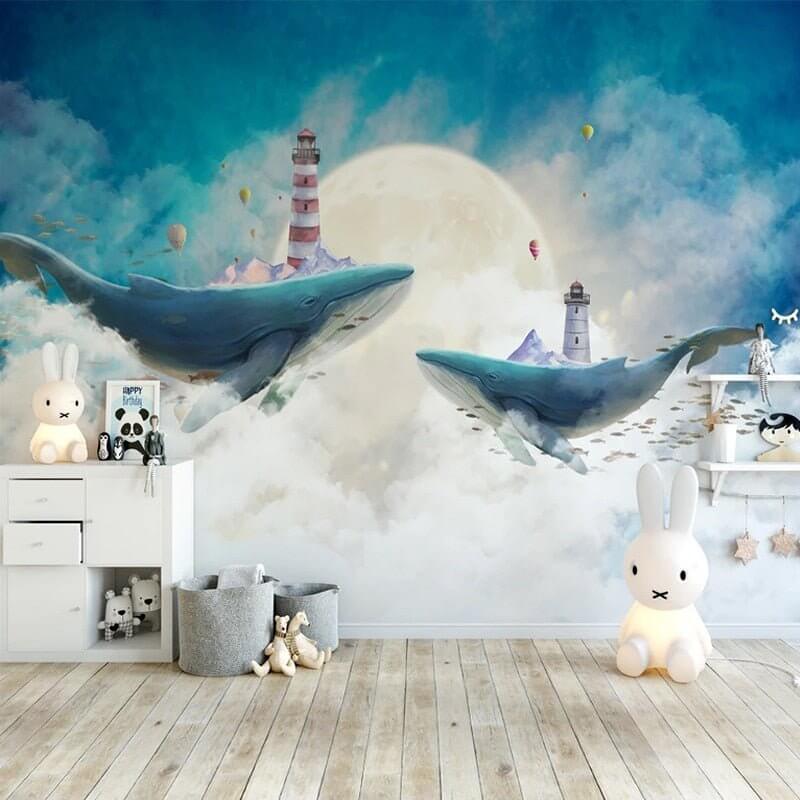 MinimalisticDecor.com-Whales Lighthouse Sky Blue White Clouds Wallpaper for Home Wall Decor
