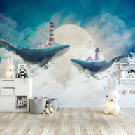 MinimalisticDecor.com-Whales Lighthouse Sky Blue White Clouds Wallpaper for Home Wall Decor
