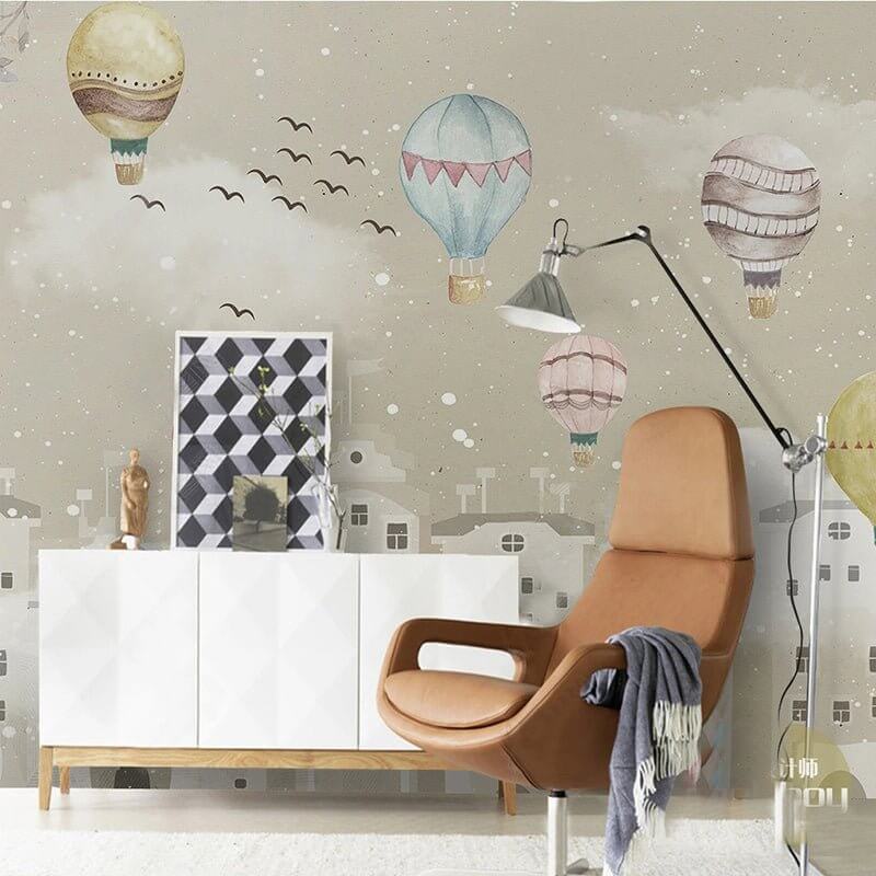 MinimalisticDecor.com-Whimsical Air Balloons Flying Nursery Wallpaper