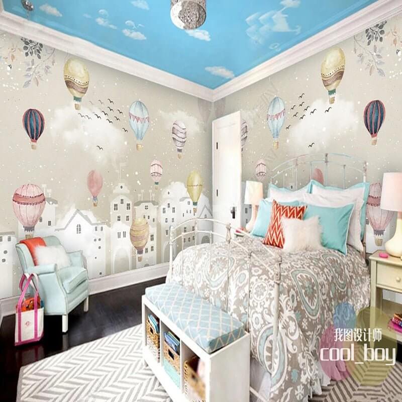 MinimalisticDecor.com-Whimsical Air Balloons Flying Nursery Wallpaper