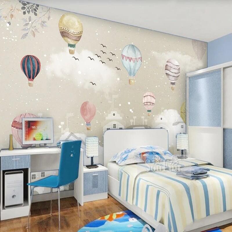 MinimalisticDecor.com-Whimsical Air Balloons Flying Nursery Wallpaper