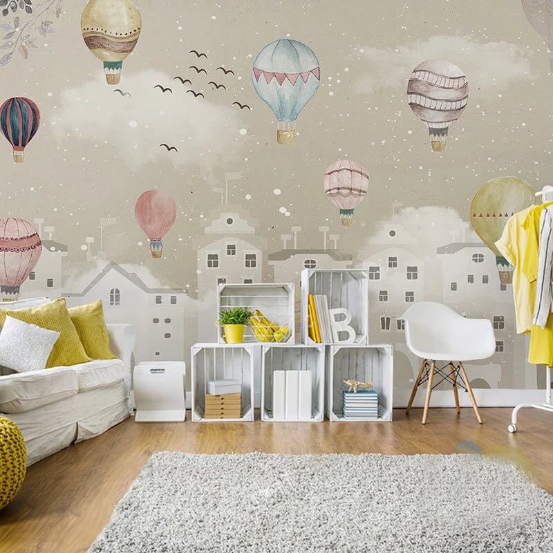 MinimalisticDecor.com-Whimsical Air Balloons Flying Nursery Wallpaper