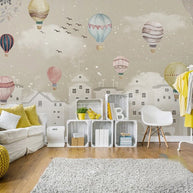 MinimalisticDecor.com-Whimsical Air Balloons Flying Nursery Wallpaper