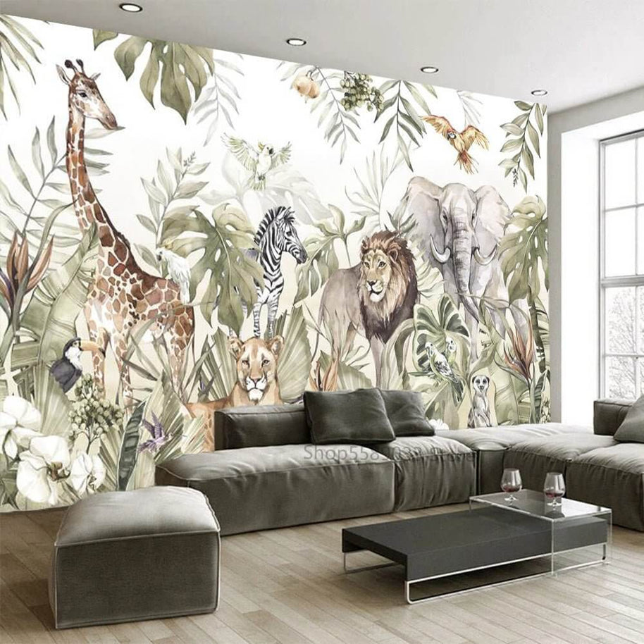 MinimalisticDecor.com-Whimsical Jungle Animal Friends Wallpaper
