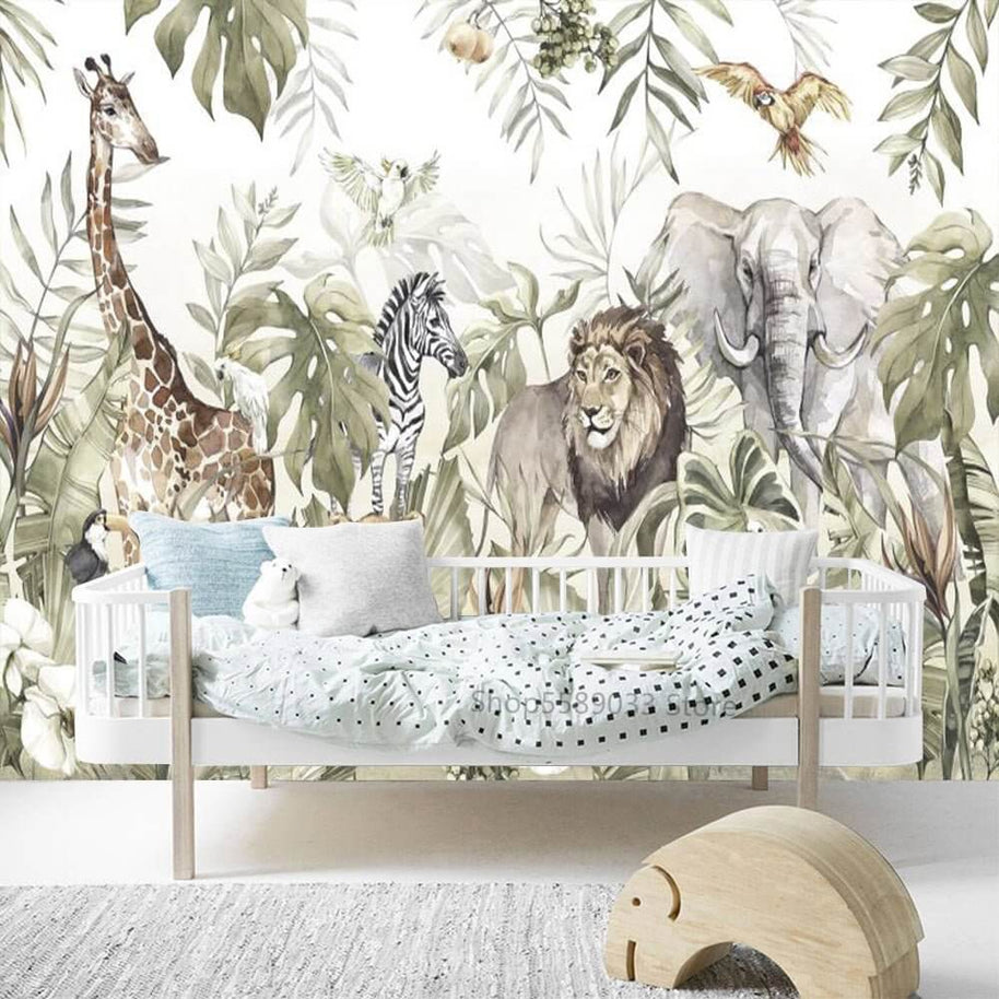 MinimalisticDecor.com-Whimsical Jungle Animal Friends Wallpaper