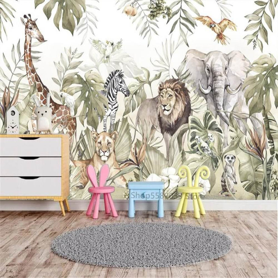 MinimalisticDecor.com-Whimsical Jungle Animal Friends Wallpaper