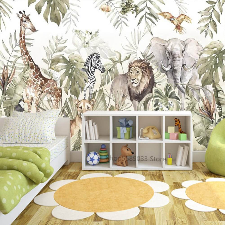 MinimalisticDecor.com-Whimsical Jungle Animal Friends Wallpaper