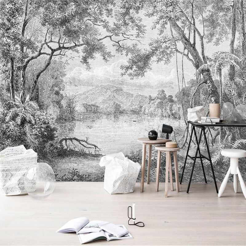 MinimalisticDecor.com-Whispering Shadows: Black And White Forest Wallpaper