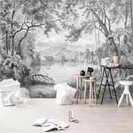 MinimalisticDecor.com-Whispering Shadows: Black And White Forest Wallpaper