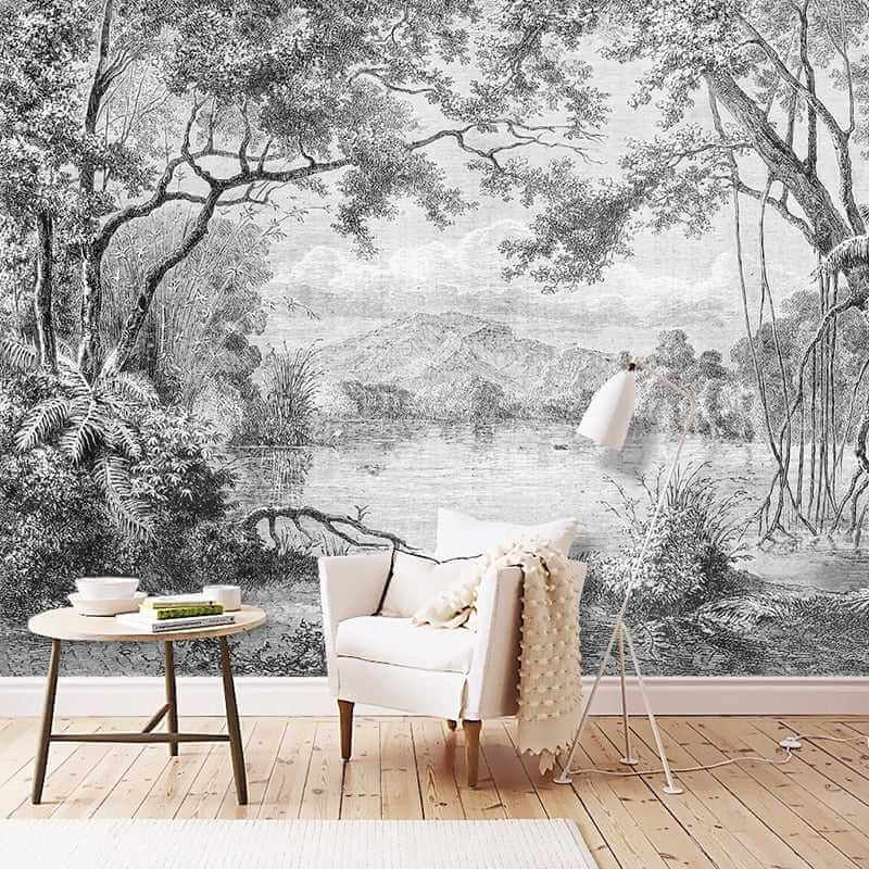 MinimalisticDecor.com-Whispering Shadows: Black And White Forest Wallpaper