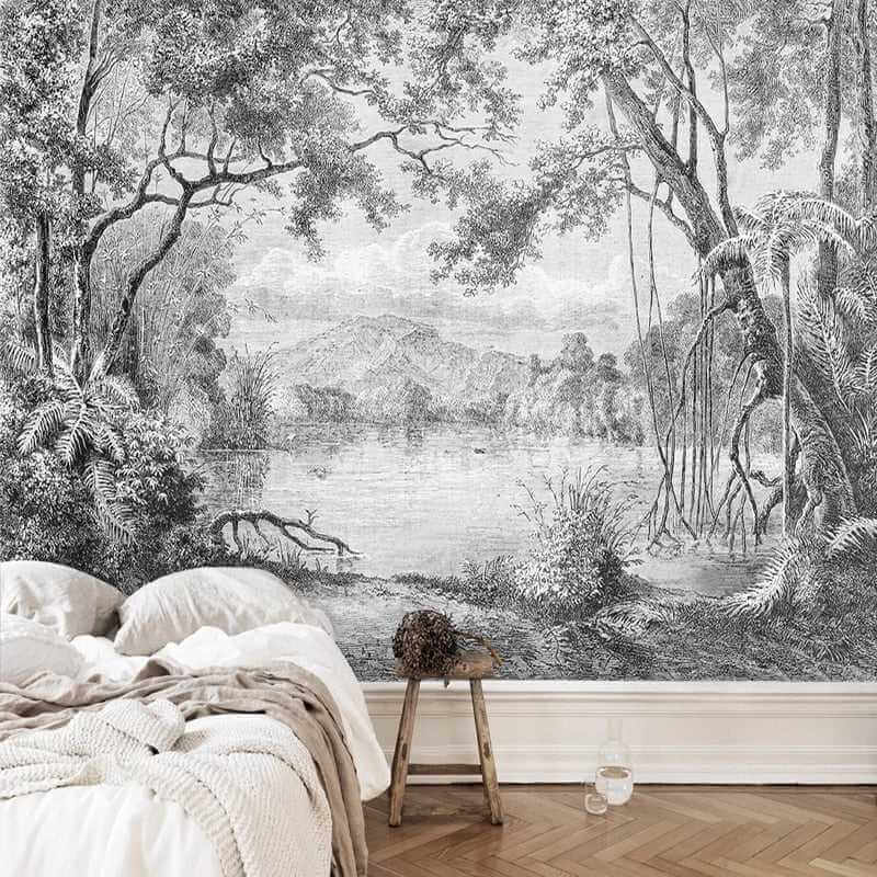MinimalisticDecor.com-Whispering Shadows: Black And White Forest Wallpaper