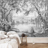 MinimalisticDecor.com-Whispering Shadows: Black And White Forest Wallpaper