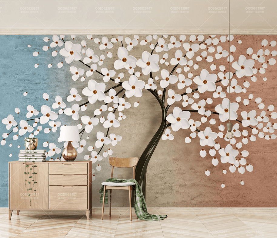 MinimalisticDecor.com-White Flowers Tree Wallpaper Murals: Bringing Elegance