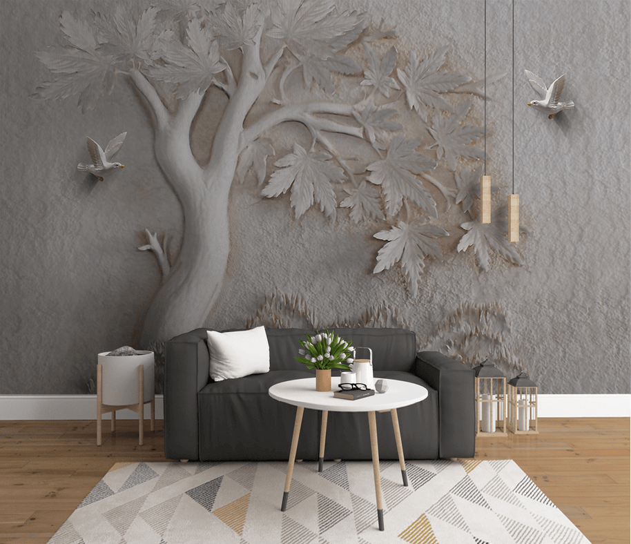 MinimalisticDecor.com-Widespread 3D Embossed: Maple Tree Mural Wallpaper