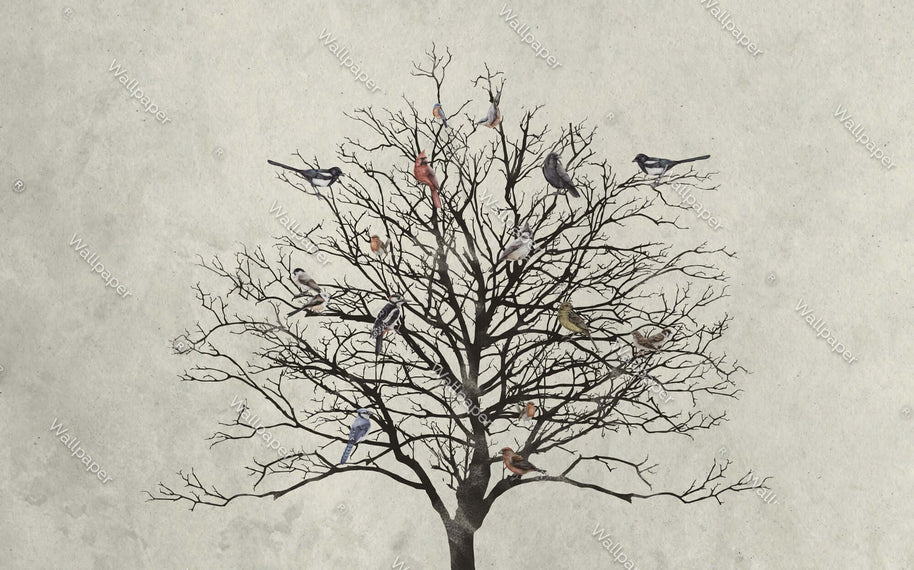 MinimalisticDecor.com-Winter Birds Tree Walllpaper Mural - Enhance Your Space