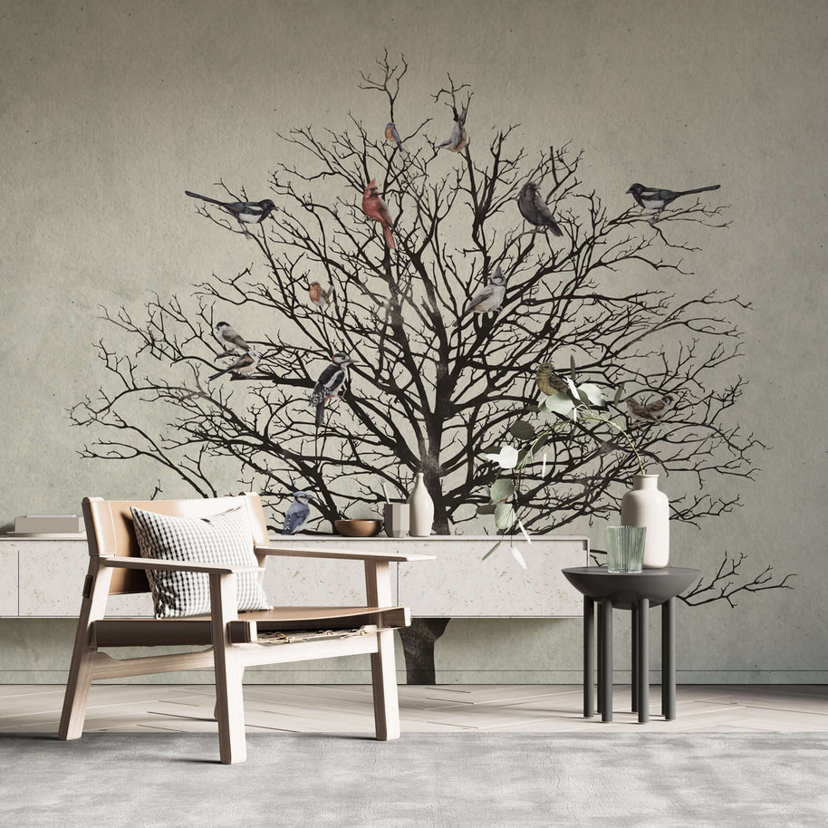 MinimalisticDecor.com-Winter Birds Tree Walllpaper Mural - Enhance Your Space