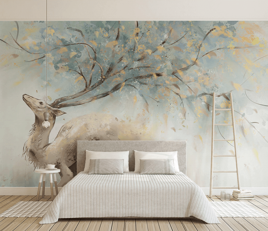 MinimalisticDecor.com-Winter Reindeer Tree Trunks Wallpaper Mural