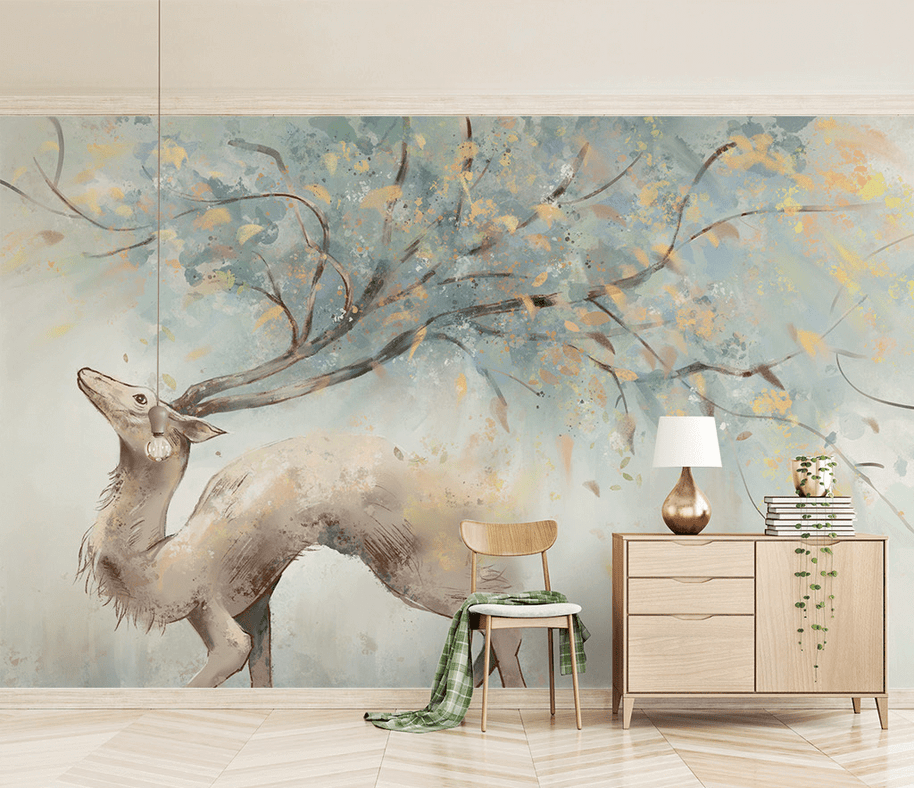 MinimalisticDecor.com-Winter Reindeer Tree Trunks Wallpaper Mural