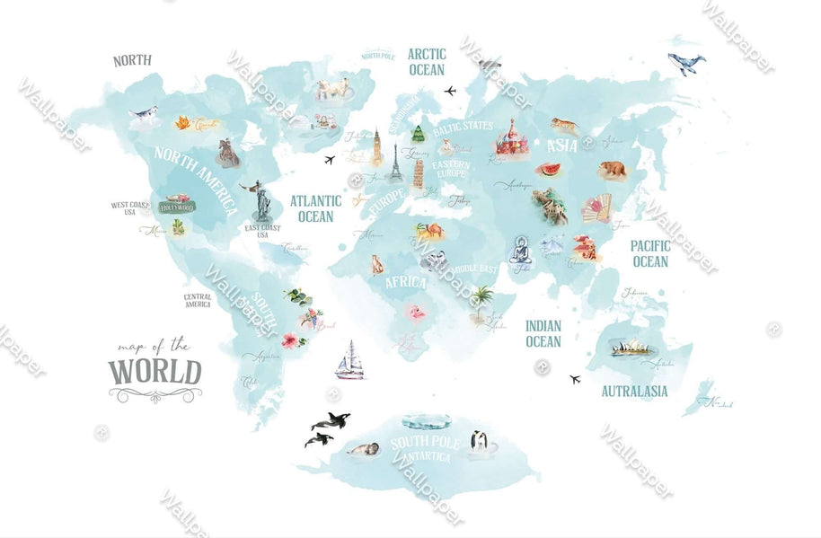 MinimalisticDecor.com-World Map Blue Theme - Kids Room Wallpaper Mural