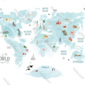 MinimalisticDecor.com-World Map Blue Theme - Kids Room Wallpaper Mural
