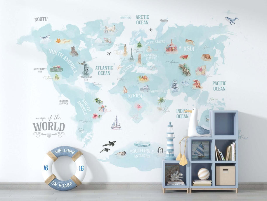 MinimalisticDecor.com-World Map Blue Theme - Kids Room Wallpaper Mural