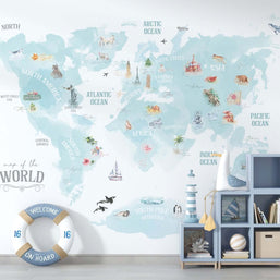 MinimalisticDecor.com-World Map Blue Theme - Kids Room Wallpaper Mural