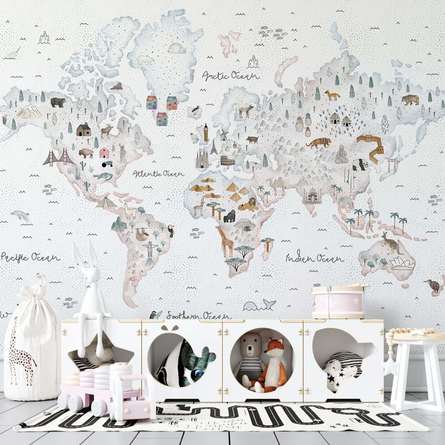 MinimalisticDecor.com-World Map White Theme - Kids Room Wallpaper Mural