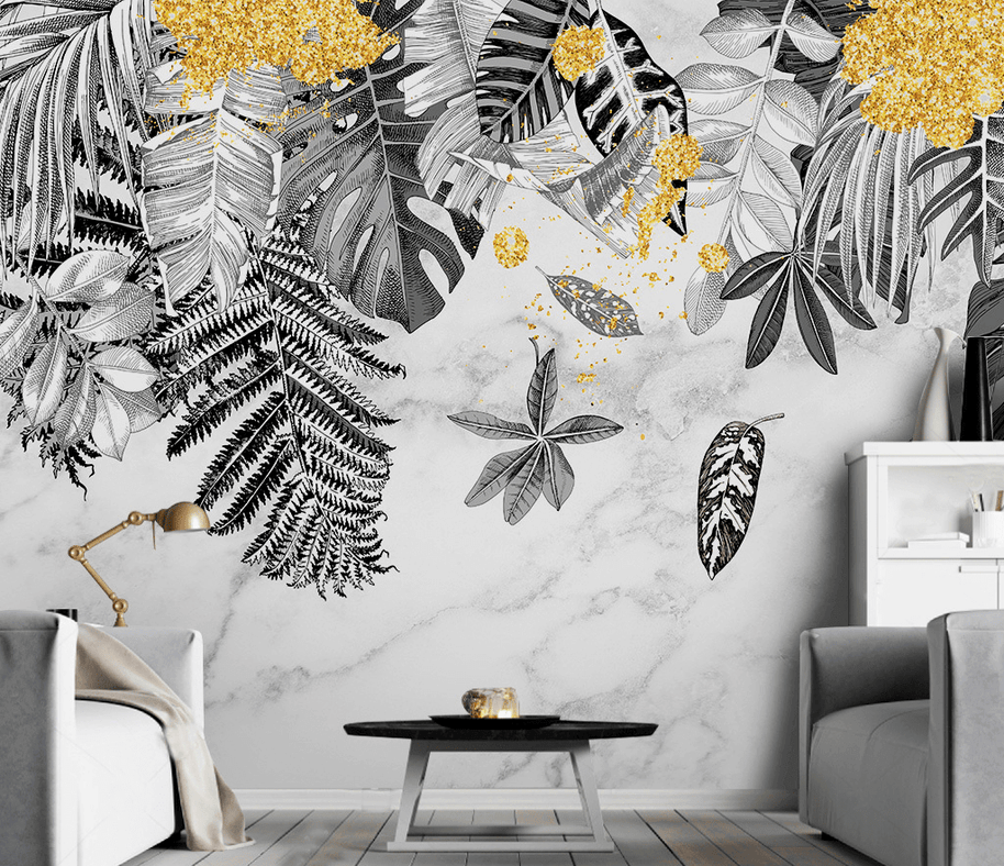 MinimalisticDecor.com-Yellow & Black - Leaves Wallpaper Murals