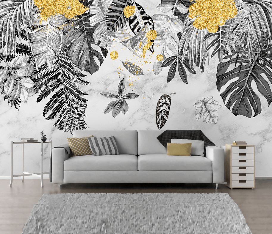MinimalisticDecor.com-Yellow & Black - Leaves Wallpaper Murals