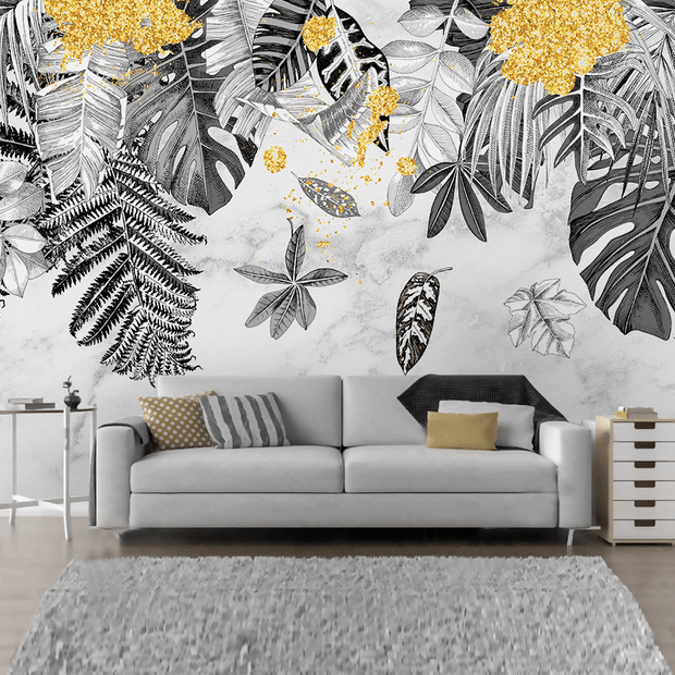 MinimalisticDecor.com-Yellow & Black - Leaves Wallpaper Murals