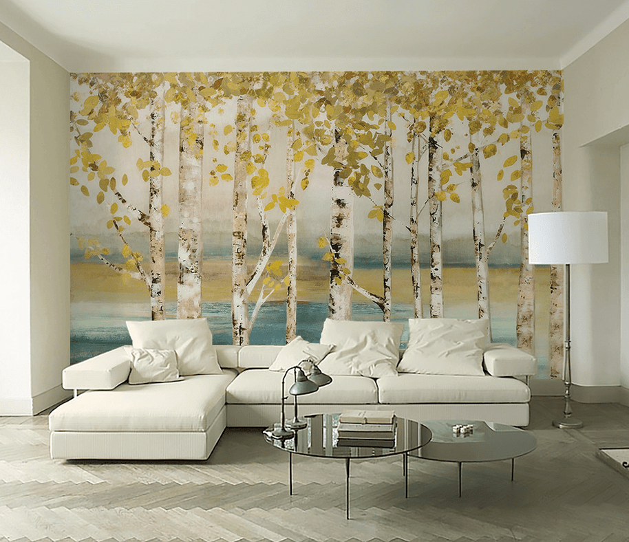 MinimalisticDecor.com-Yellow Tree Trunks Wallpaper Murals