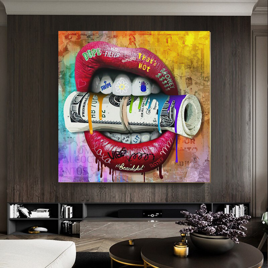Money Lips Graffiti Canvas Wall Art-MinimalisticDecor.com