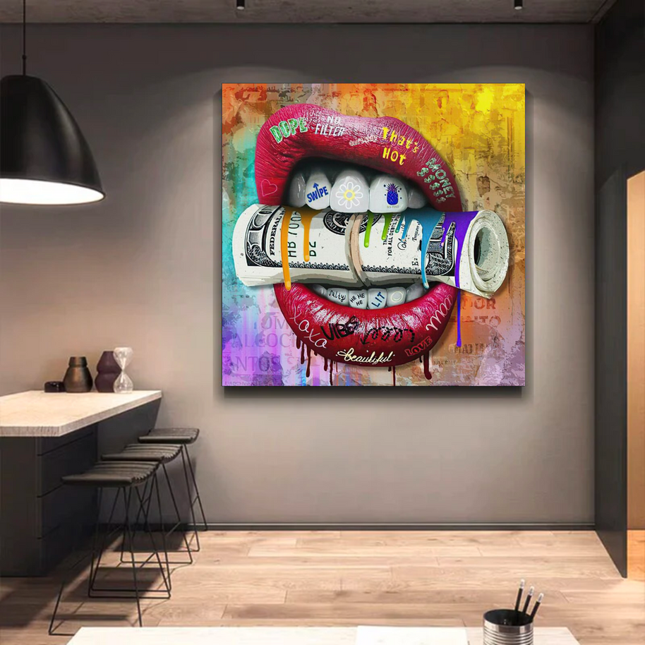 Money Lips Graffiti Canvas Wall Art-MinimalisticDecor.com