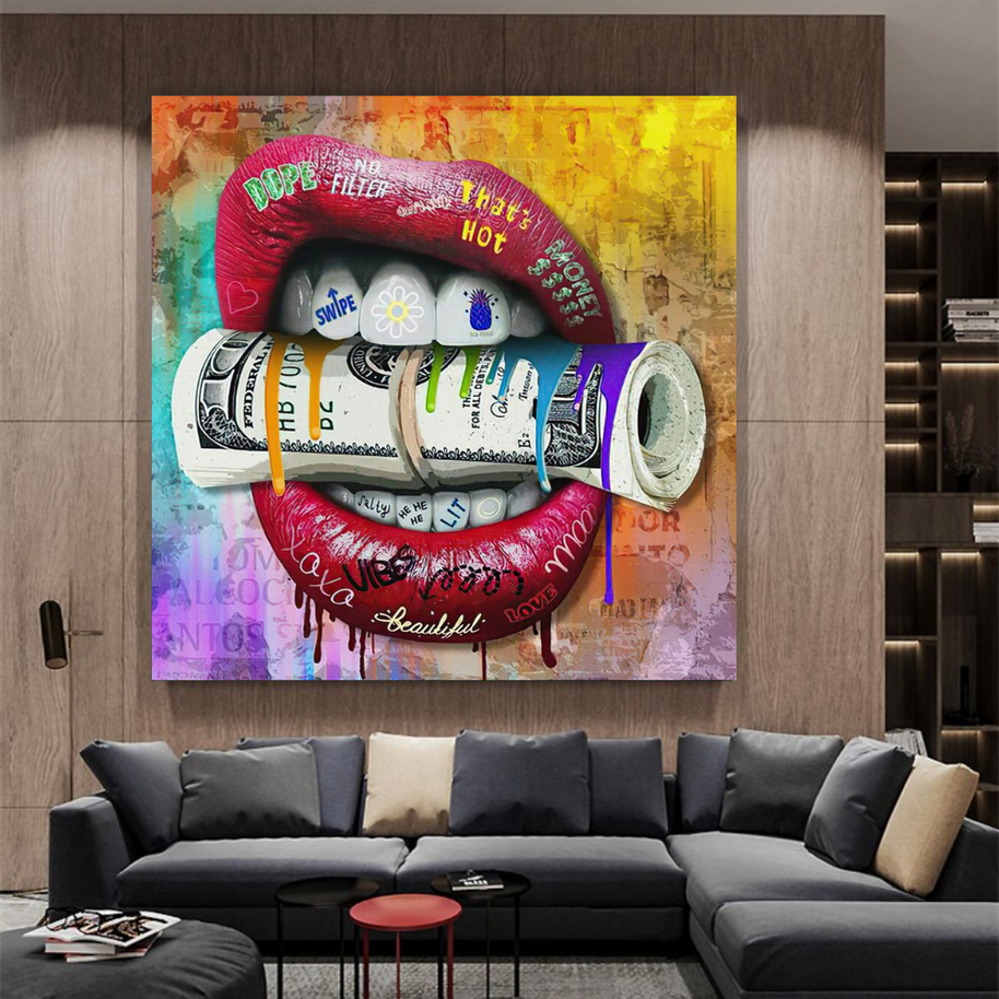 Money Lips Graffiti Canvas Wall Art-MinimalisticDecor.com