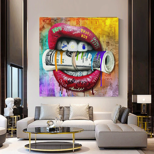 Money Lips Graffiti Canvas Wall Art-MinimalisticDecor.com