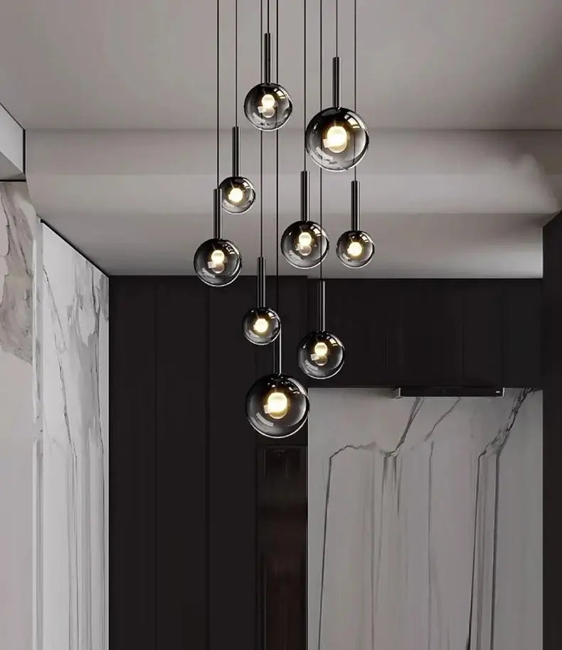 Moonlight Globes Glass Stone Pendant Chandelier – Modern Staircase Light Fixture-MinimalisticDecor.com