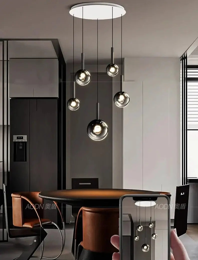 Moonlight Globes Glass Stone Pendant Chandelier – Modern Staircase Light Fixture-MinimalisticDecor.com