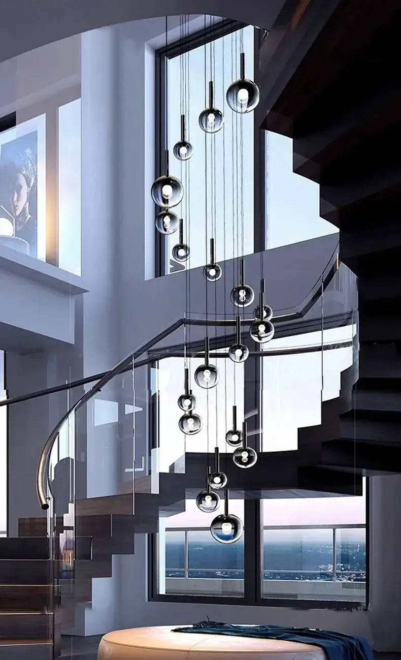 Moonlight Globes Glass Stone Pendant Chandelier – Modern Staircase Light Fixture-MinimalisticDecor.com