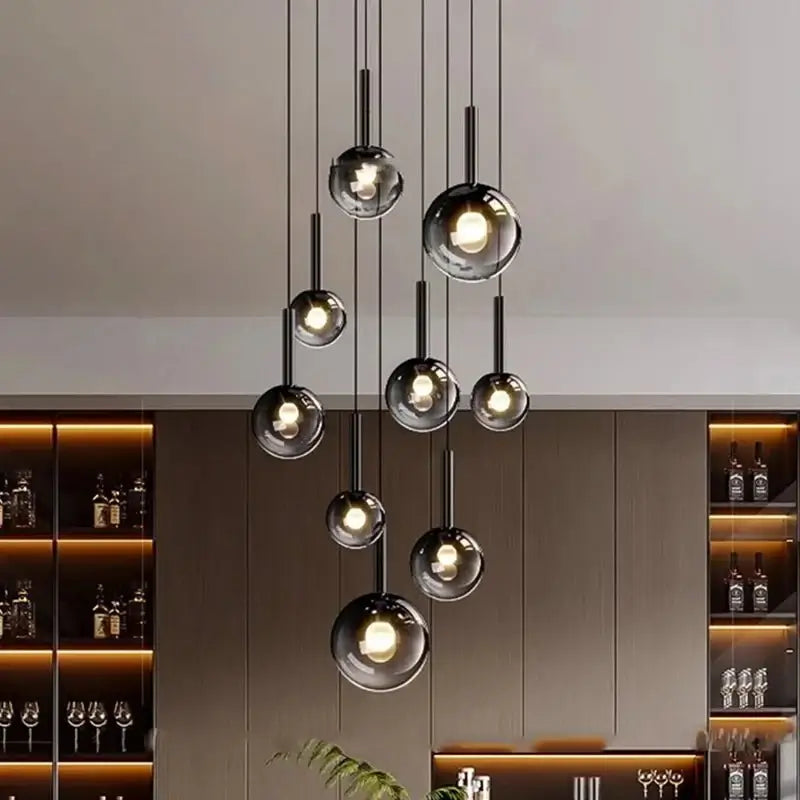 Moonlight Globes Glass Stone Pendant Chandelier – Modern Staircase Light Fixture-MinimalisticDecor.com