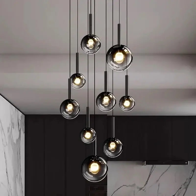Moonlight Globes Glass Stone Pendant Chandelier – Modern Staircase Light Fixture-MinimalisticDecor.com