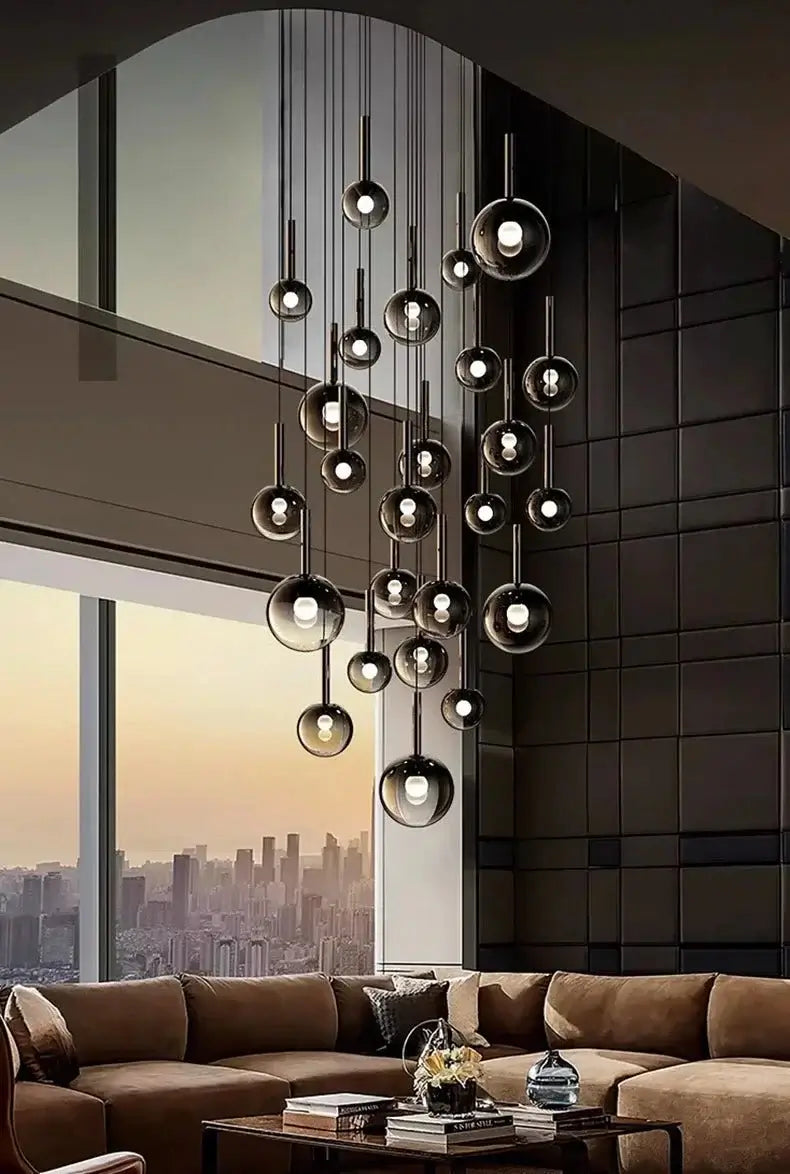 Moonlight Globes Glass Stone Pendant Chandelier – Modern Staircase Light Fixture-MinimalisticDecor.com