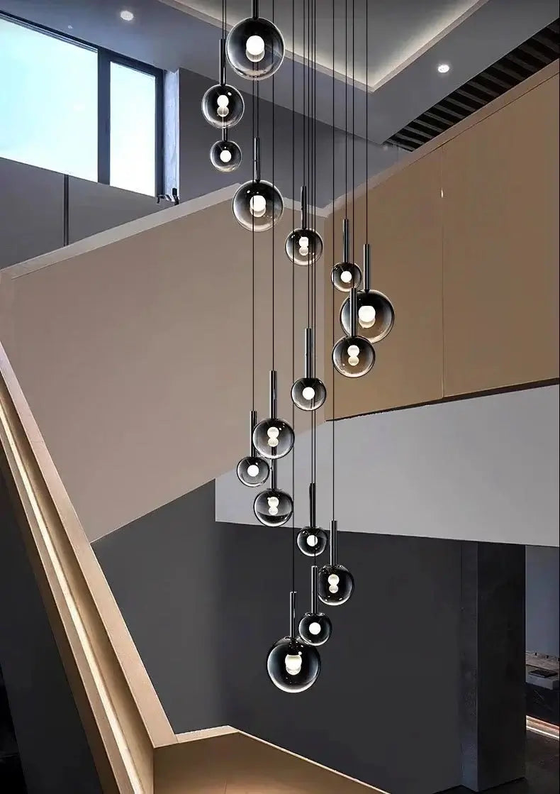 Moonlight Globes Glass Stone Pendant Chandelier – Modern Staircase Light Fixture-MinimalisticDecor.com